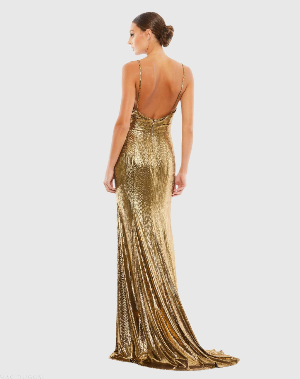 Gold Metallic Faux Wrap Spaghetti Strap Gown - Contemporary Collection
