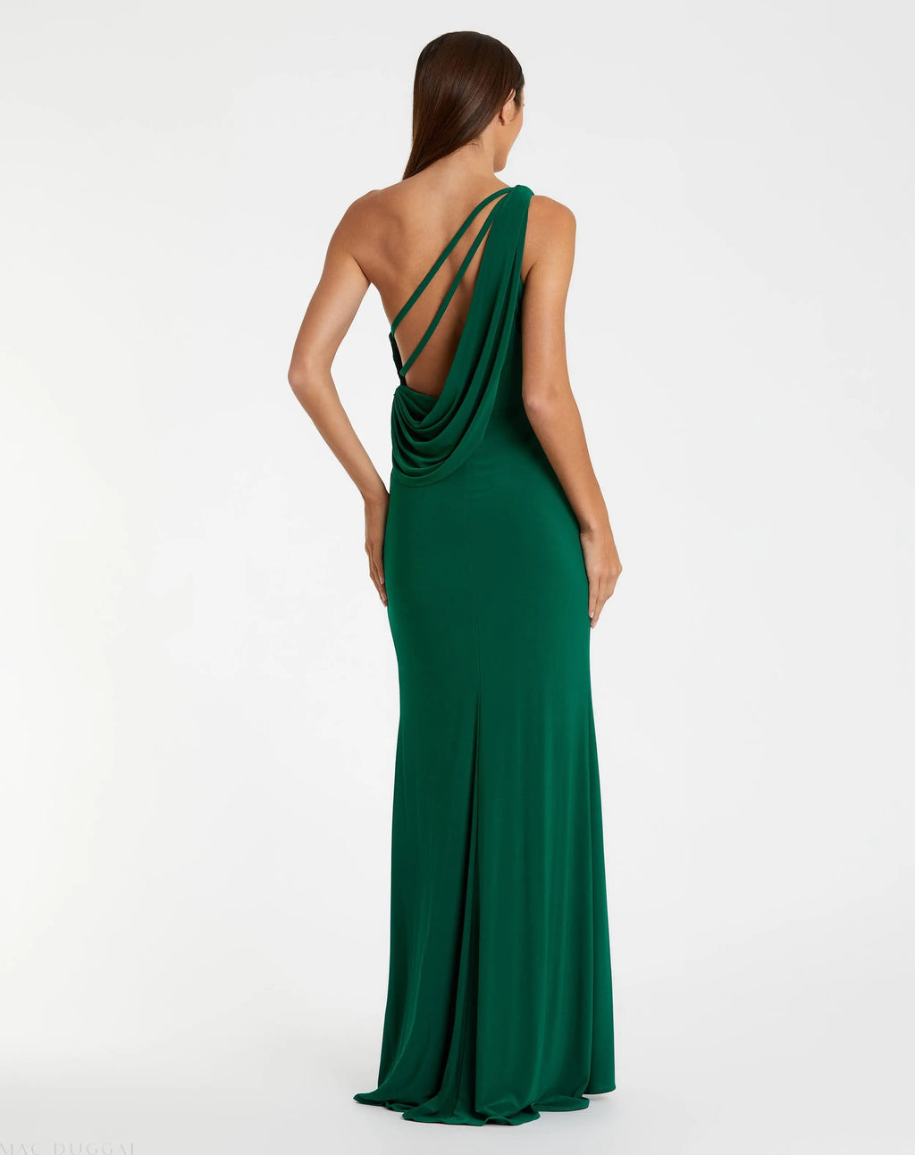 Green Jersey One Shoulder Draped Back Gown - Contemporary Collection
