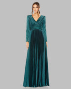 Teal Pleated Long Sleeve V-Neck Gown Contemporary Collection