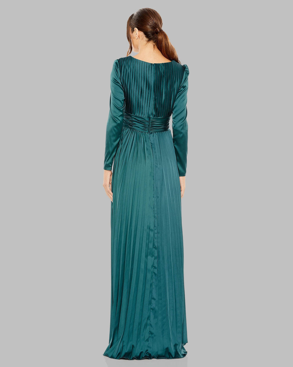 Teal Pleated Long Sleeve V-Neck Gown Contemporary Collection