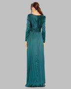 Teal Pleated Long Sleeve V-Neck Gown Contemporary Collection