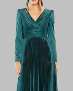 Teal Pleated Long Sleeve V-Neck Gown Contemporary Collection