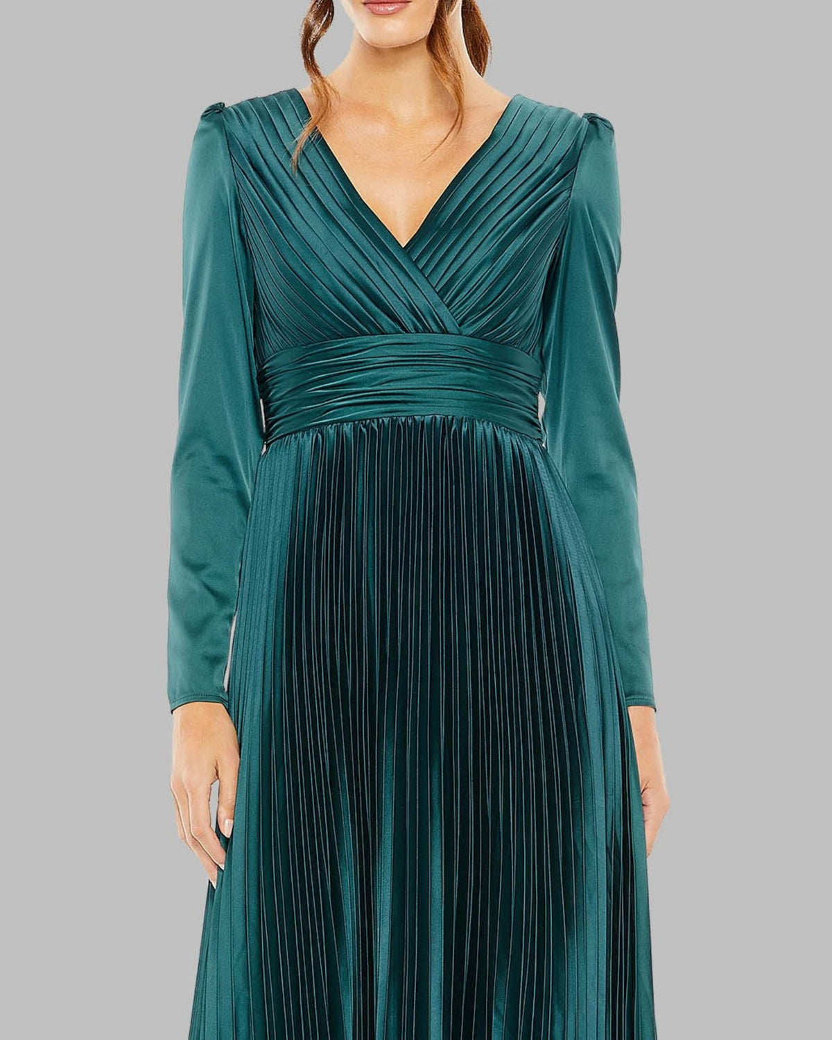 Teal Pleated Long Sleeve V-Neck Gown Contemporary Collection