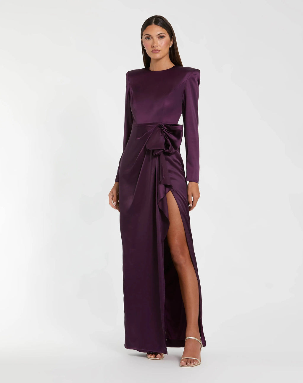 Dark Purple Long Sleeve Structured Bow Draped Column Gown - Contemporary Collection
