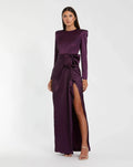 Dark Purple Long Sleeve Structured Bow Draped Column Gown - Contemporary Collection