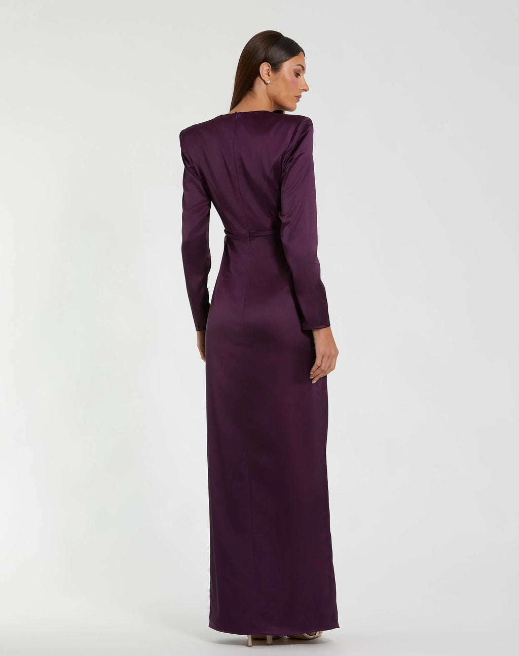 Dark Purple Long Sleeve Structured Bow Draped Column Gown - Contemporary Collection