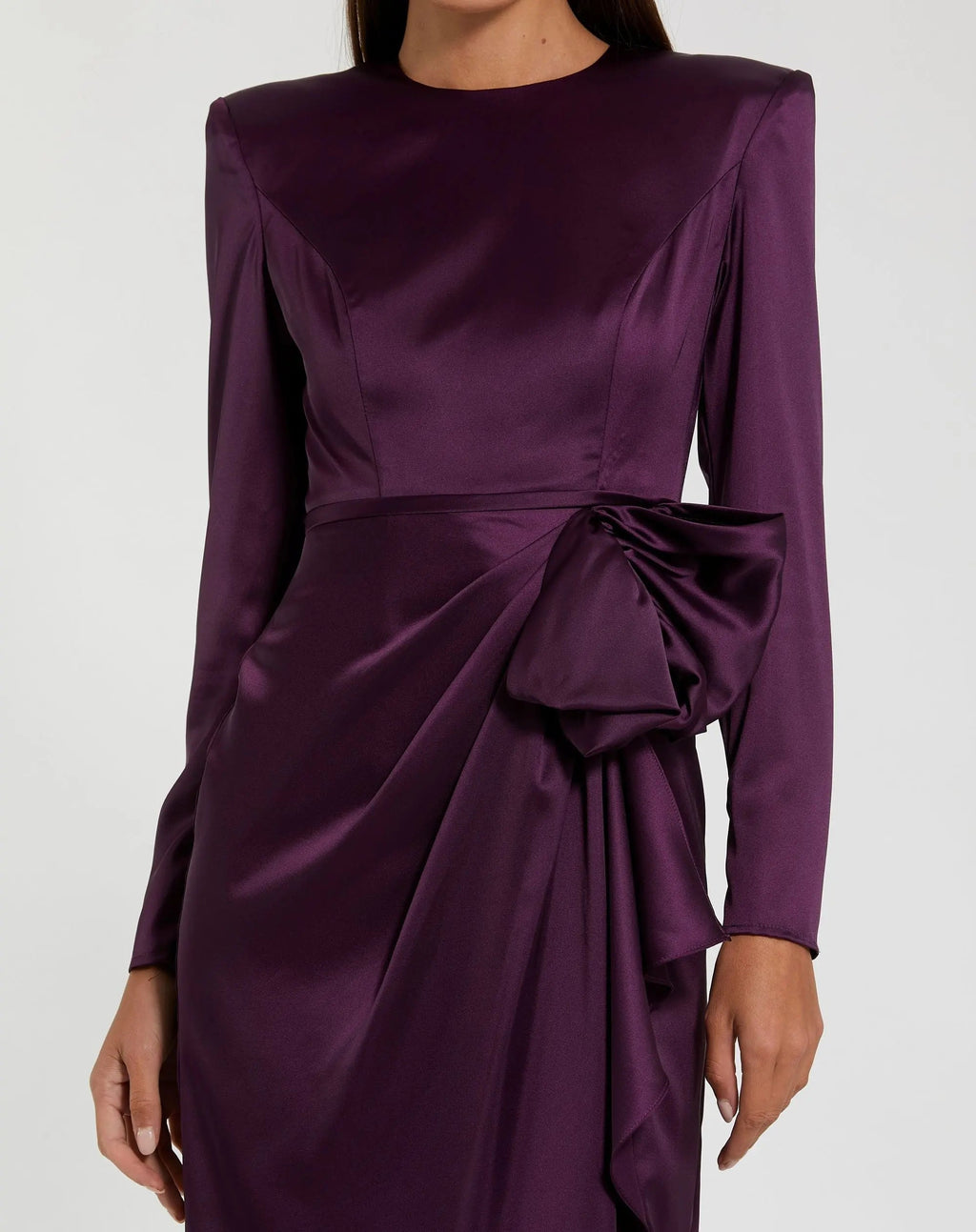 Purple Long Sleeve Structured Bow Draped Column Gown Contemporary Collection