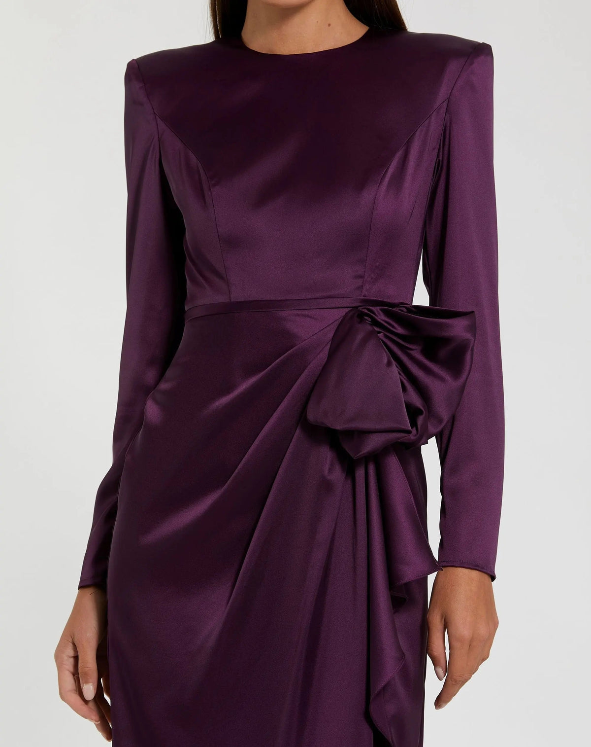 Purple Long Sleeve Structured Bow Draped Column Gown Contemporary Collection