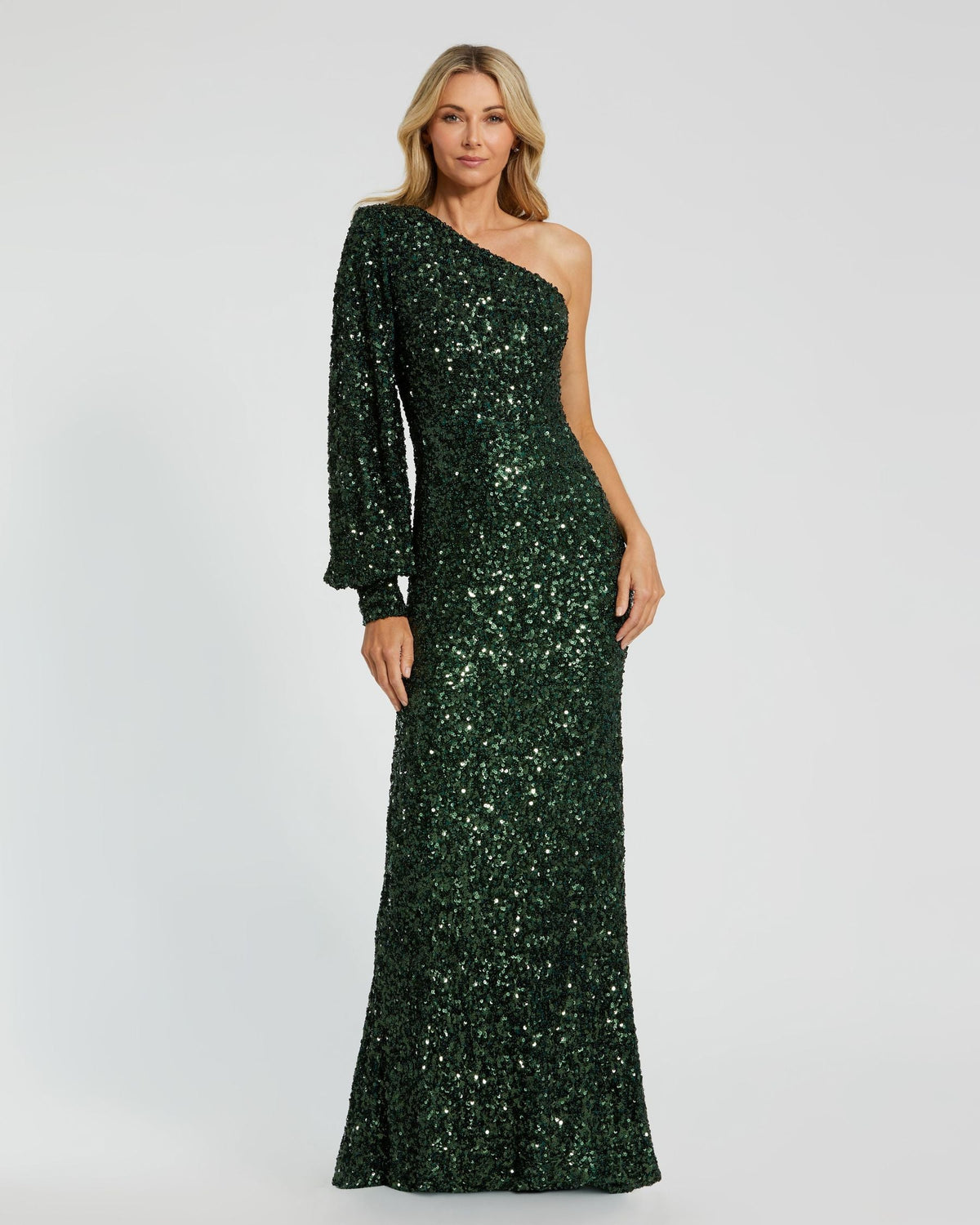 Dark Green Sequined One Shoulder Bishop Sleeve Trumpet Gown Contemporary Collection