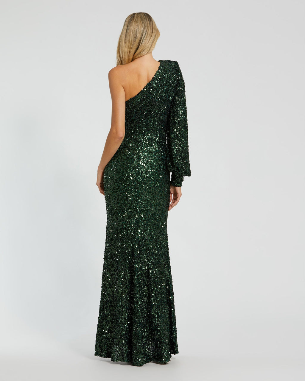 Dark Green Sequined One Shoulder Bishop Sleeve Trumpet Gown Contemporary Collection