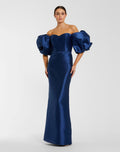 Blue Off The Shoulder Puff Sleeve Satin Evening Gown - Contemporary Collection