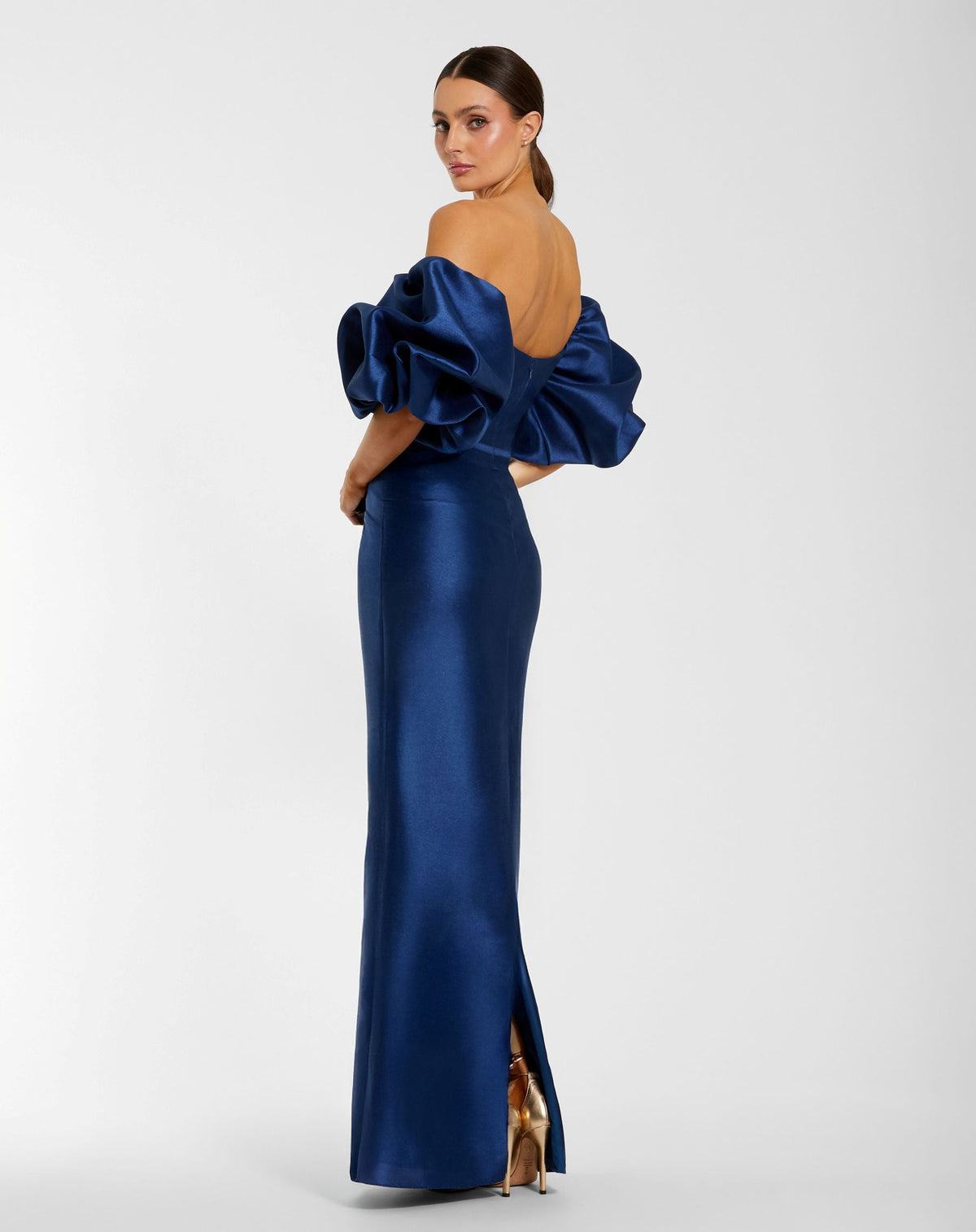 Blue Off The Shoulder Puff Sleeve Satin Evening Gown - Contemporary Collection