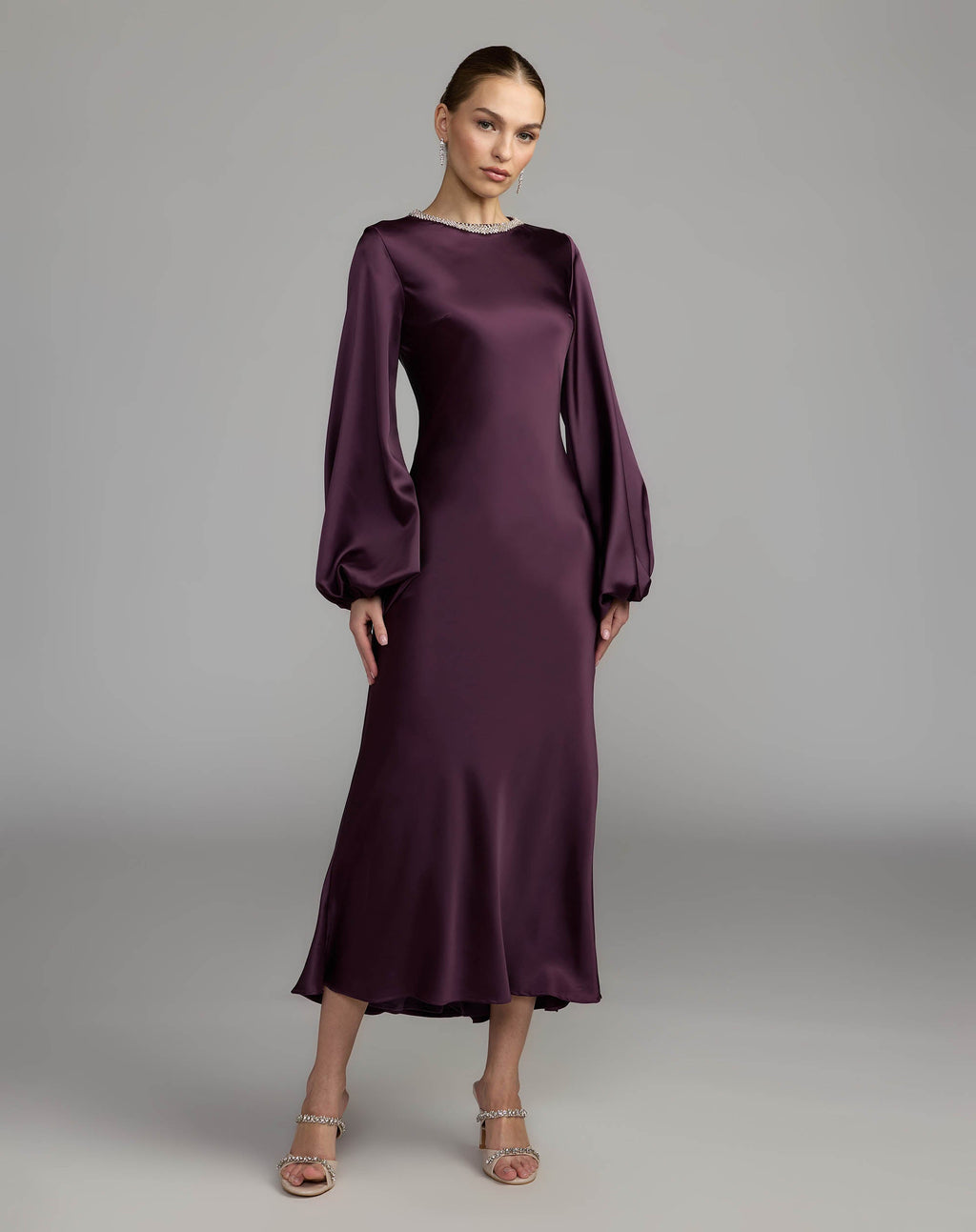 Deep Purple High Neck Long Sleeve Crystal Detail Dress Contemporary Collection