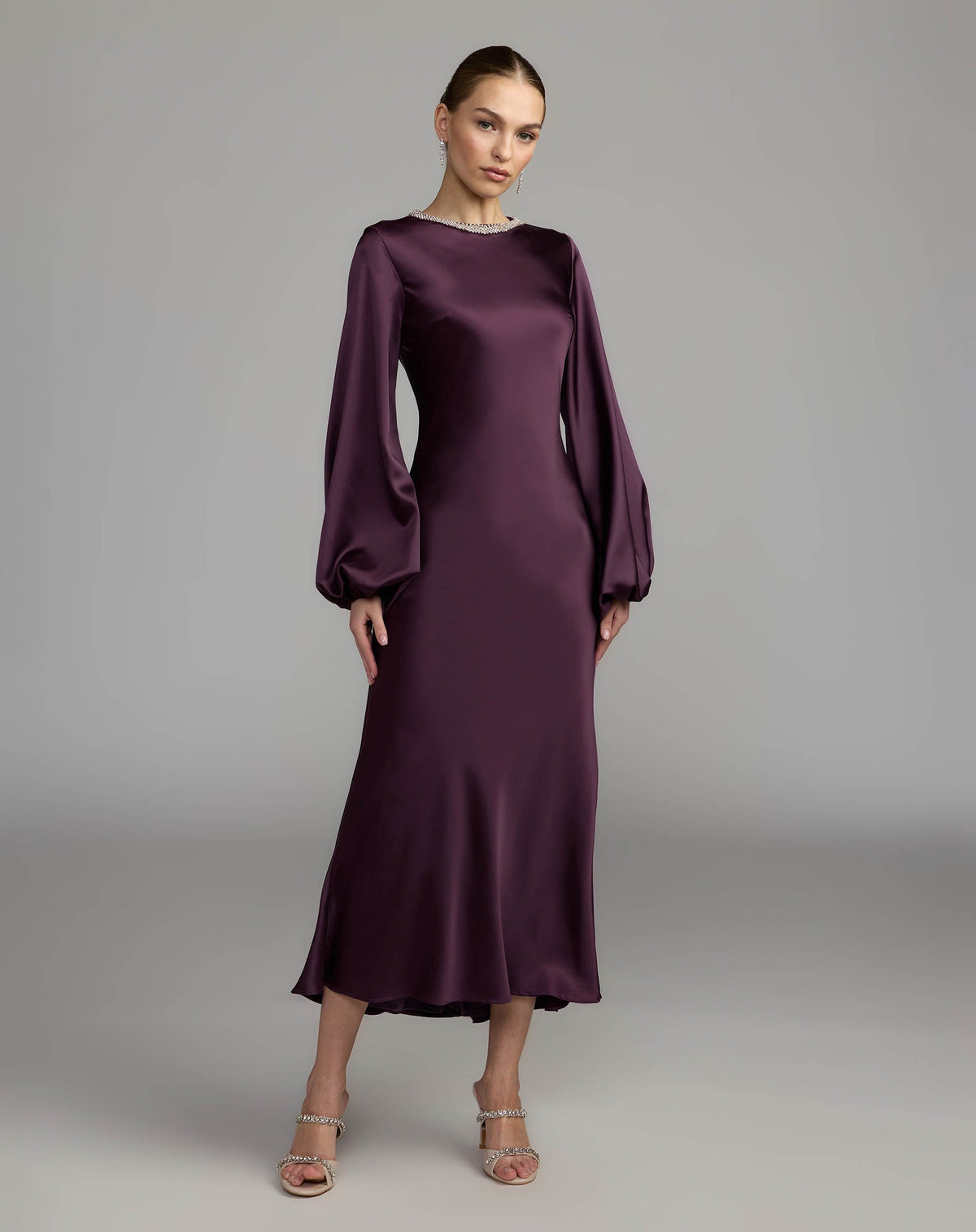 Deep Purple High Neck Long Sleeve Crystal Detail Dress Contemporary Collection