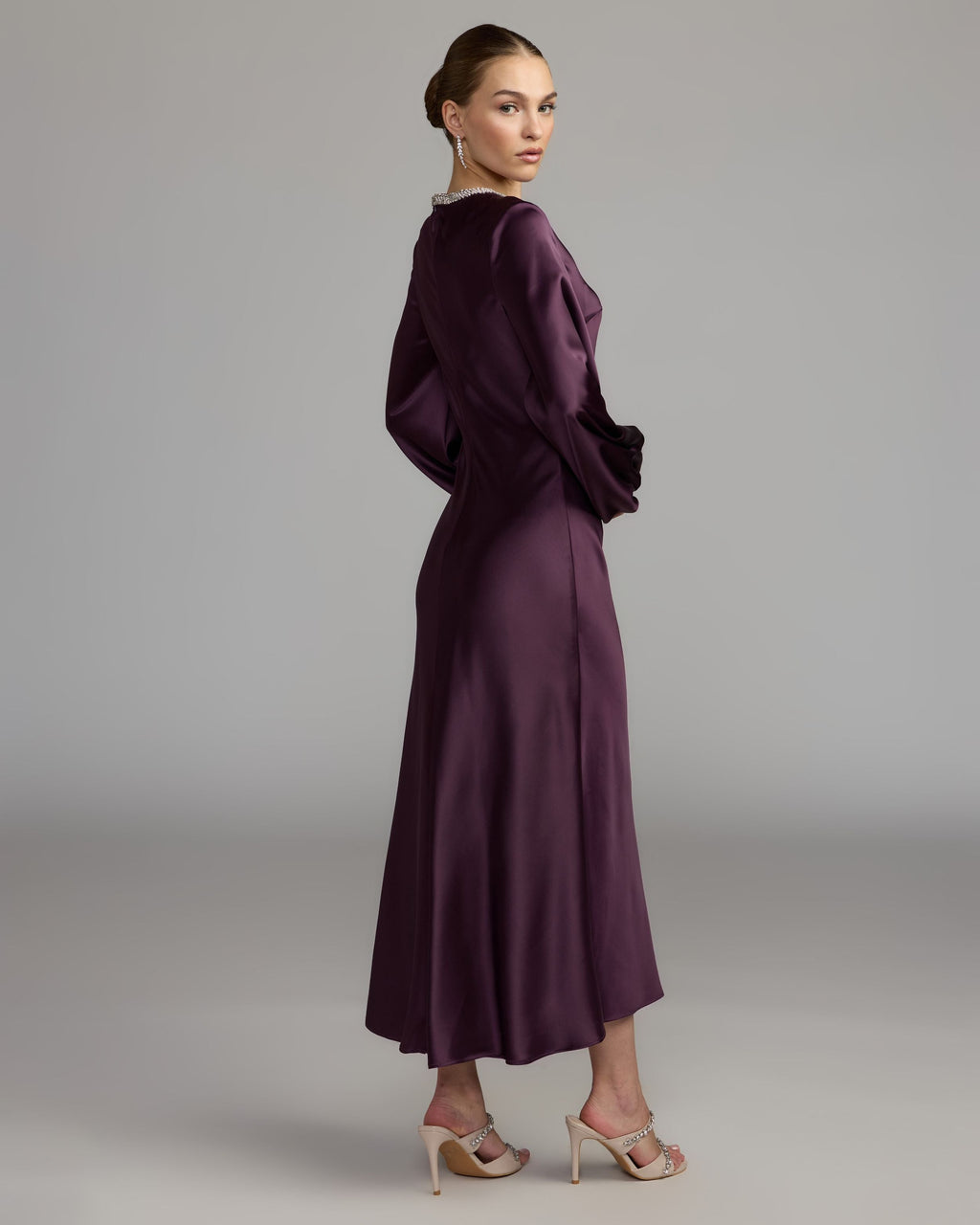 Deep Purple High Neck Long Sleeve Crystal Detail Dress Contemporary Collection