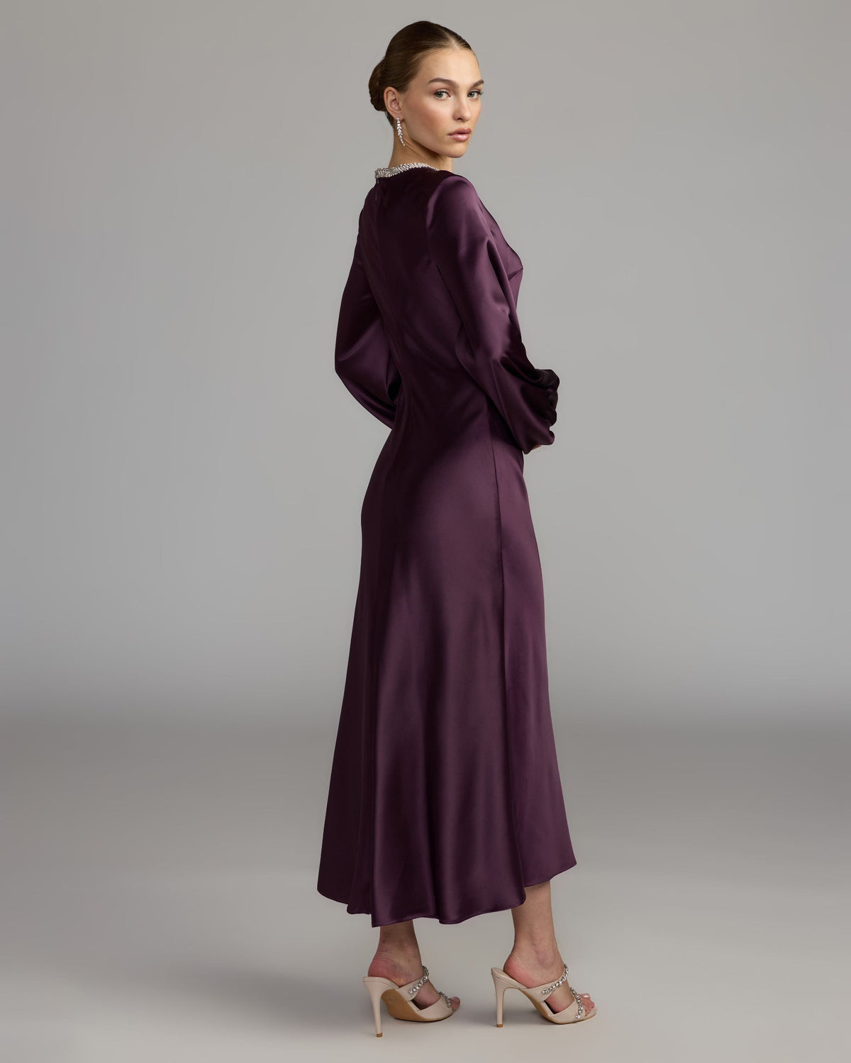 Deep Purple High Neck Long Sleeve Crystal Detail Dress Contemporary Collection