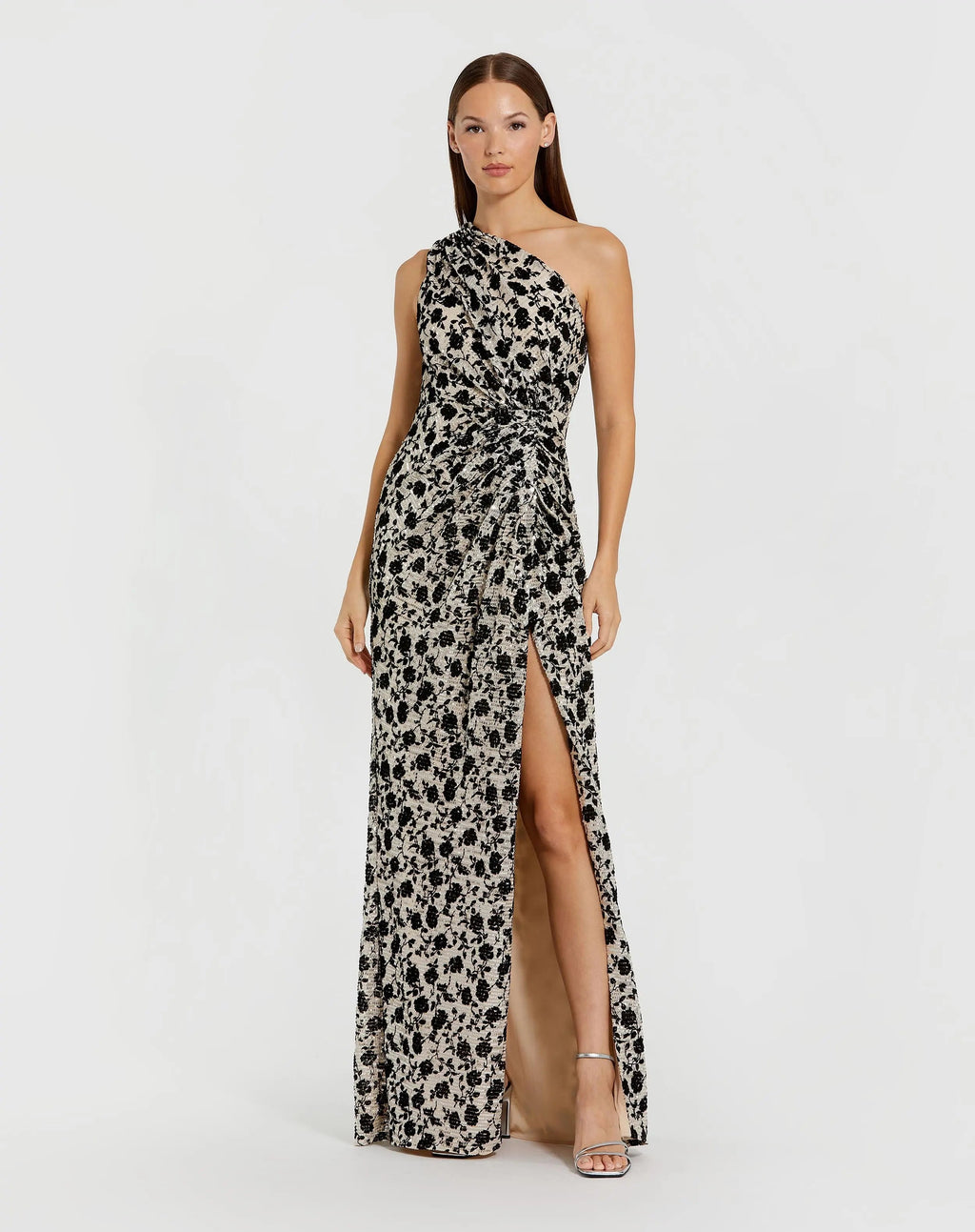 Black and Beige Floral Sequin One Shoulder Column Gown - Contemporary Collection