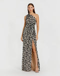 Black and Beige Floral Sequin One Shoulder Column Gown - Contemporary Collection