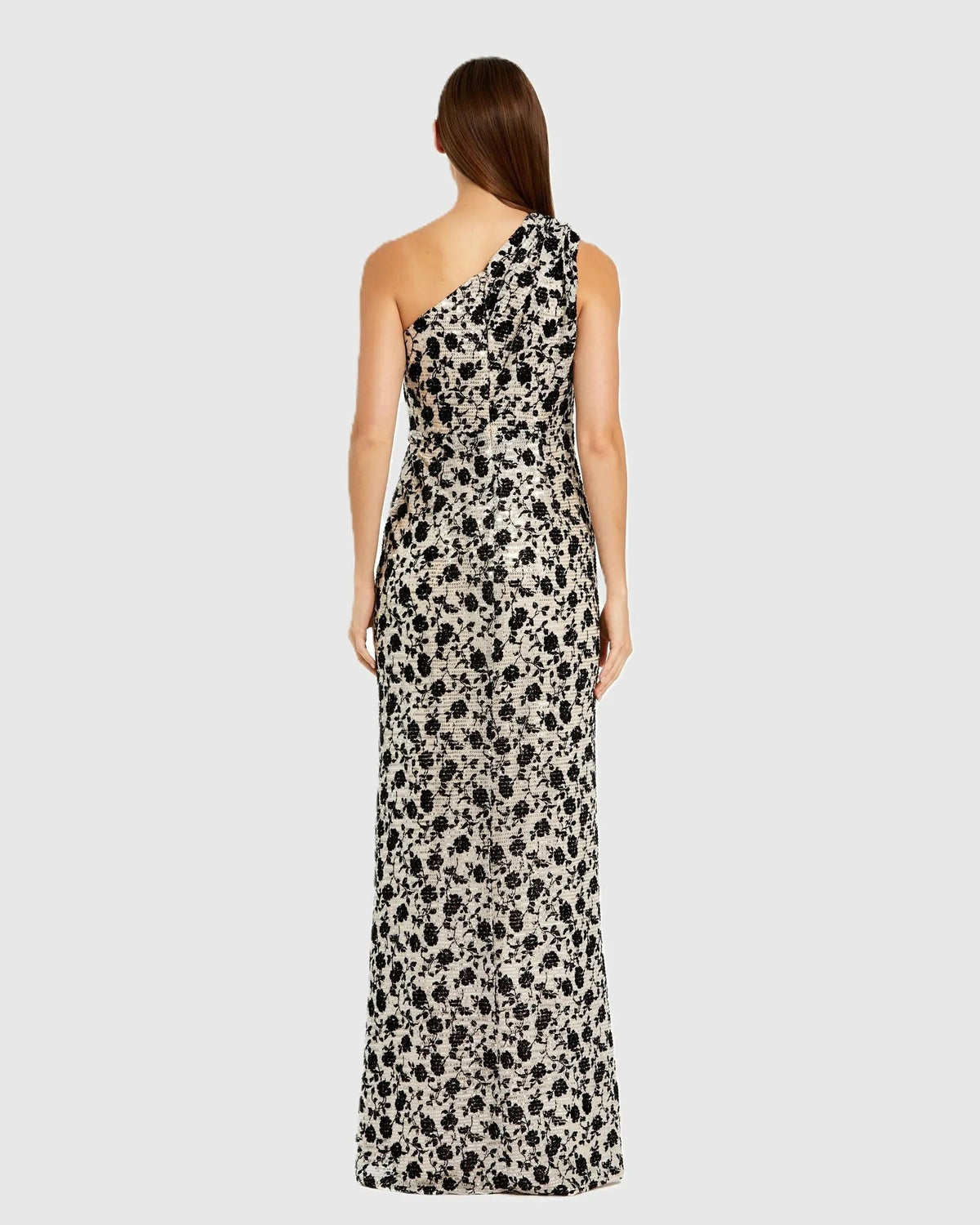 Black and Beige Floral Sequin One Shoulder Column Gown - Contemporary Collection