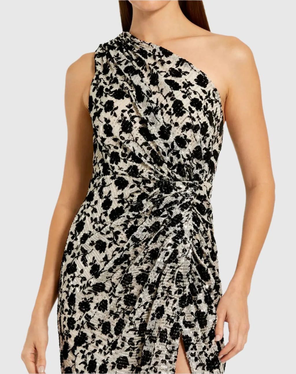 Black and Beige Floral Sequin One Shoulder Column Gown - Contemporary Collection