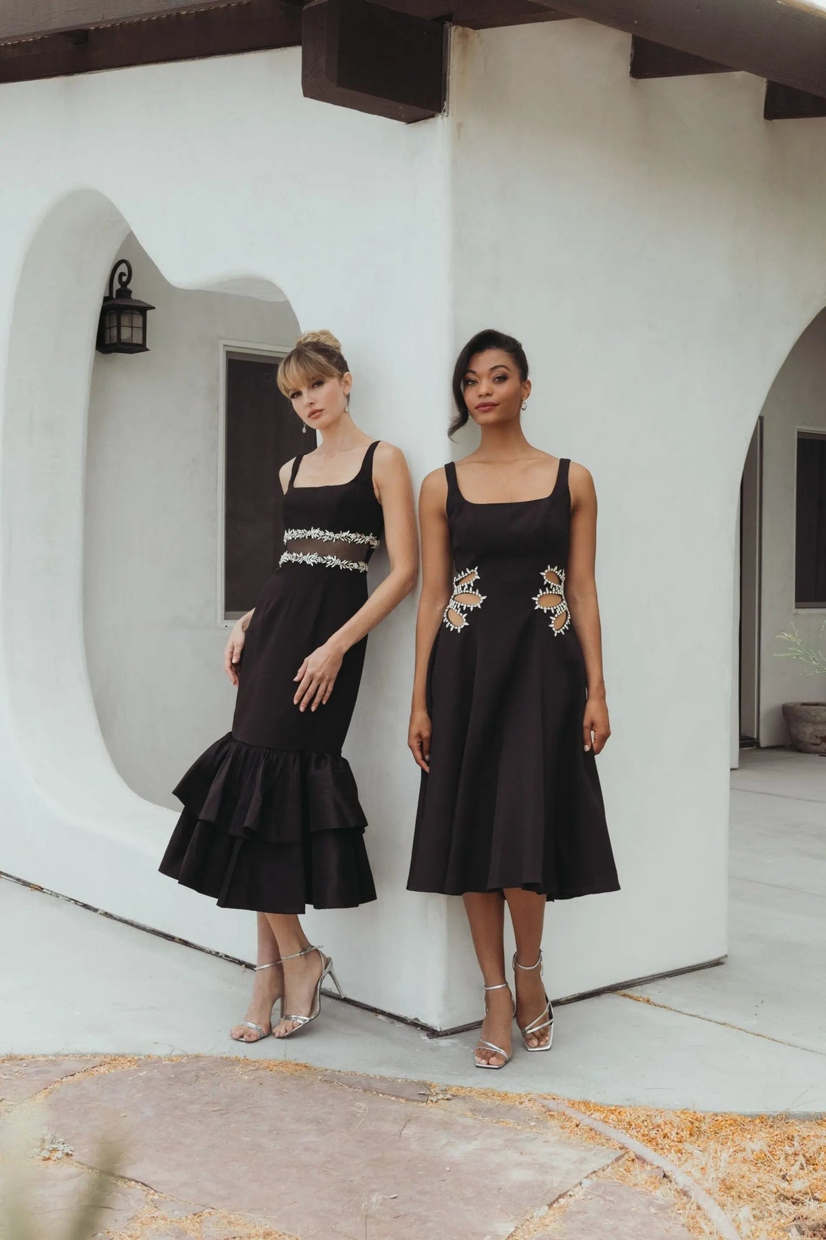 Black Crepe Ruffle Hem Midi Dress With Jewel Detail - Contemporary Collection
