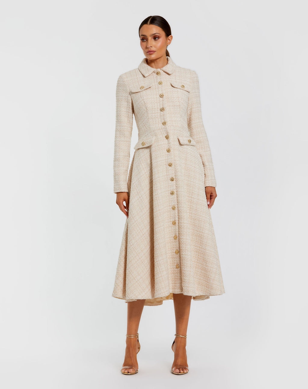 Ecru Boucle Button Front Long Sleeve Midi Dress - Contemporary Collection