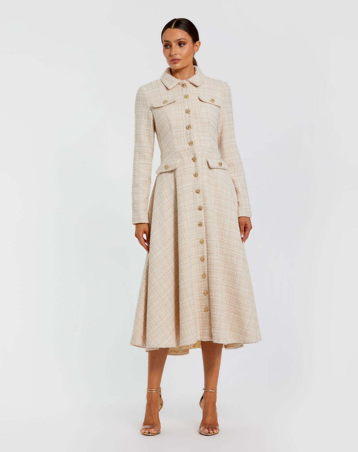 Ecru Boucle Button Front Long Sleeve Midi Dress - Contemporary Collection