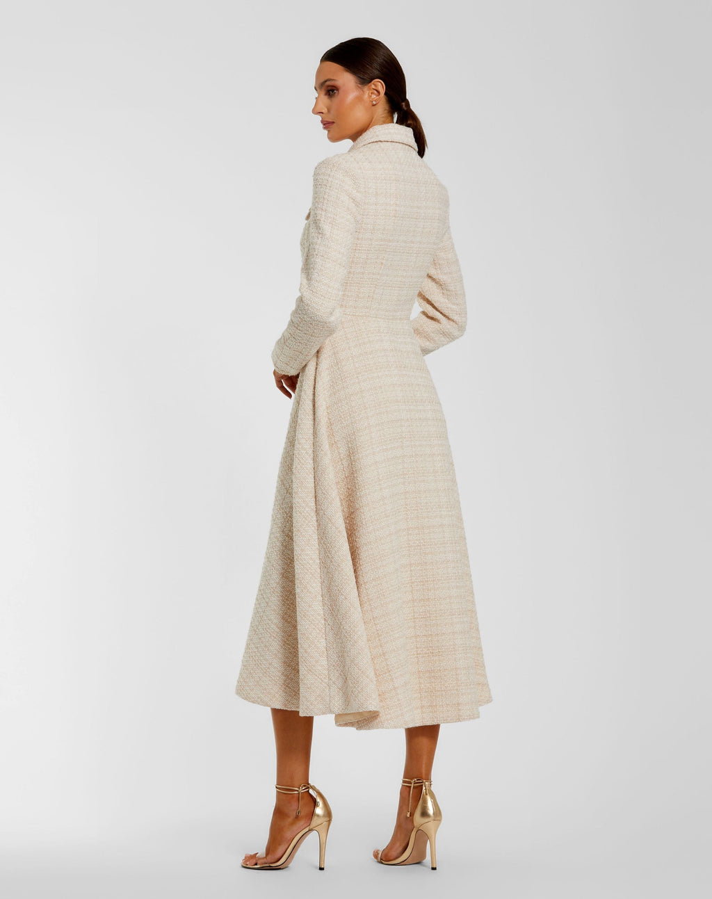Ecru Boucle Button Front Long Sleeve Midi Dress - Contemporary Collection