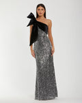 One Shoulder Embellished Sequin Gown With Bow - Contemporary Collection