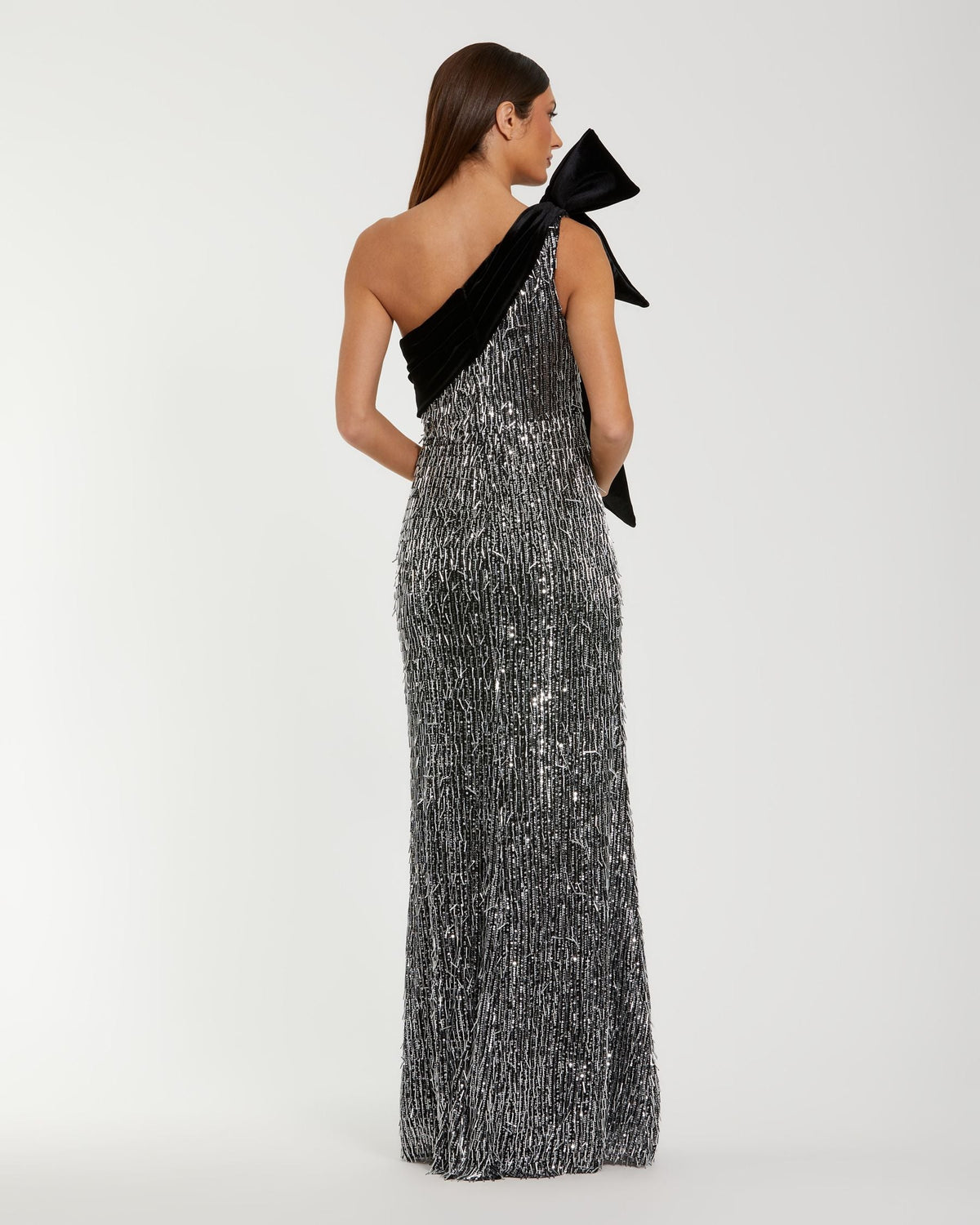 Black and Silver One Shoulder Embellished Gown With Velvet Bow Contemporary Collection