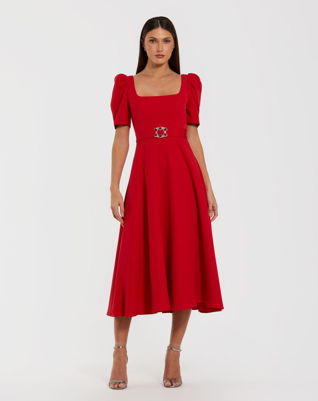 Red Square Neck Short Sleeve Midi Dress With Belt - Contemporary Collection