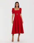 Red Square Neck Short Sleeve Midi Dress With Belt - Contemporary Collection