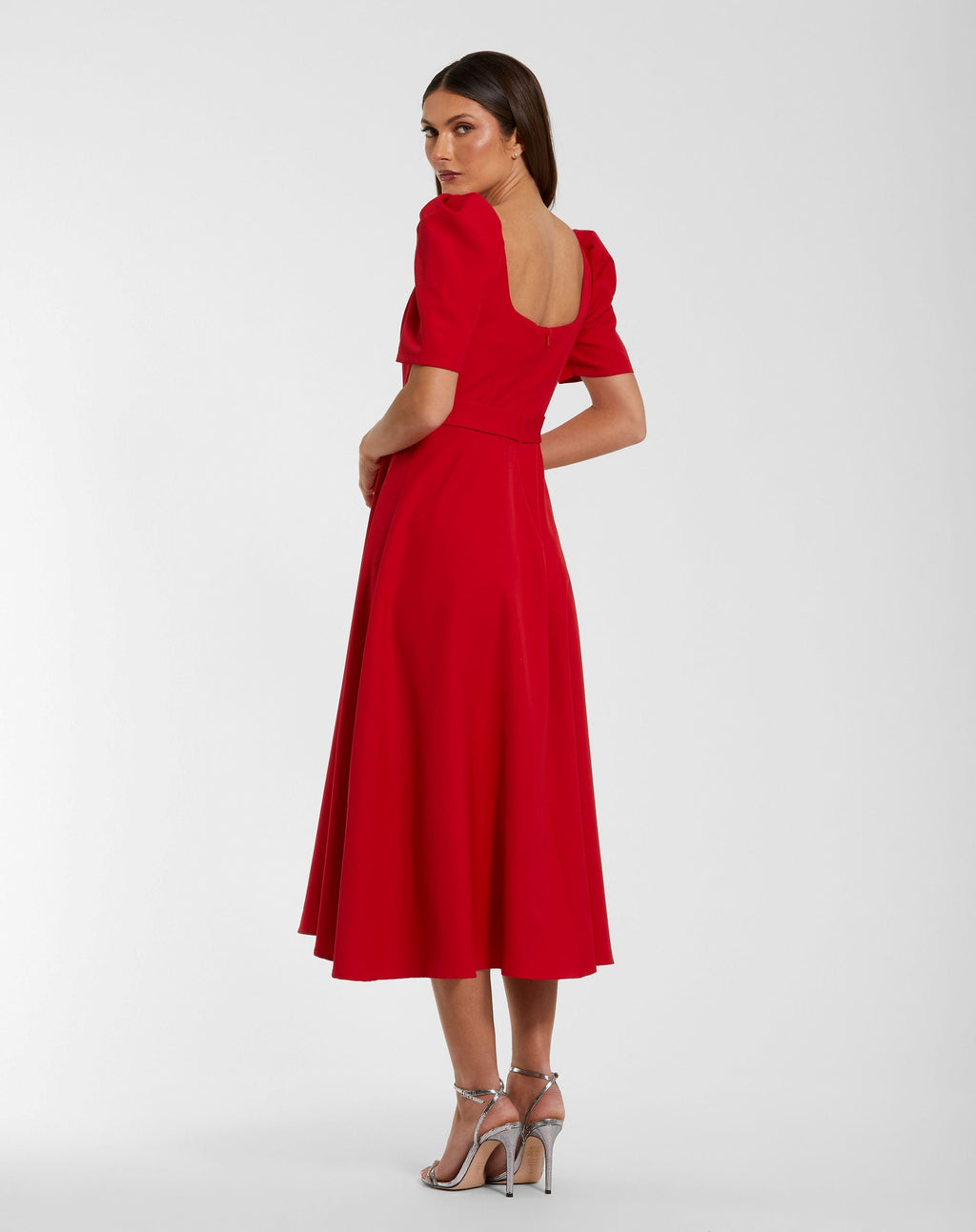 Red Square Neck Short Sleeve Midi Dress With Belt - Contemporary Collection