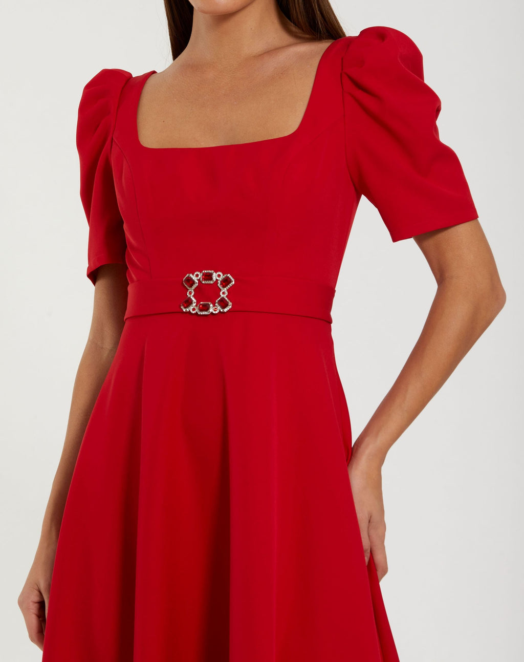 Red Square Neck Short Sleeve Midi Dress With Belt - Contemporary Collection