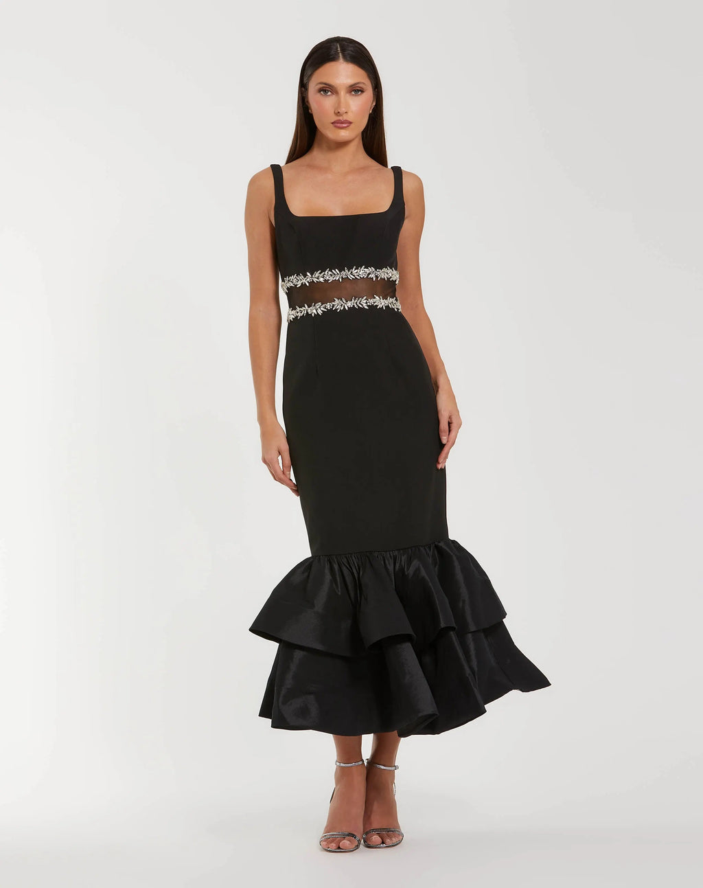Black Crepe Ruffle Hem Midi Dress With Jewel Detail - Contemporary Collection