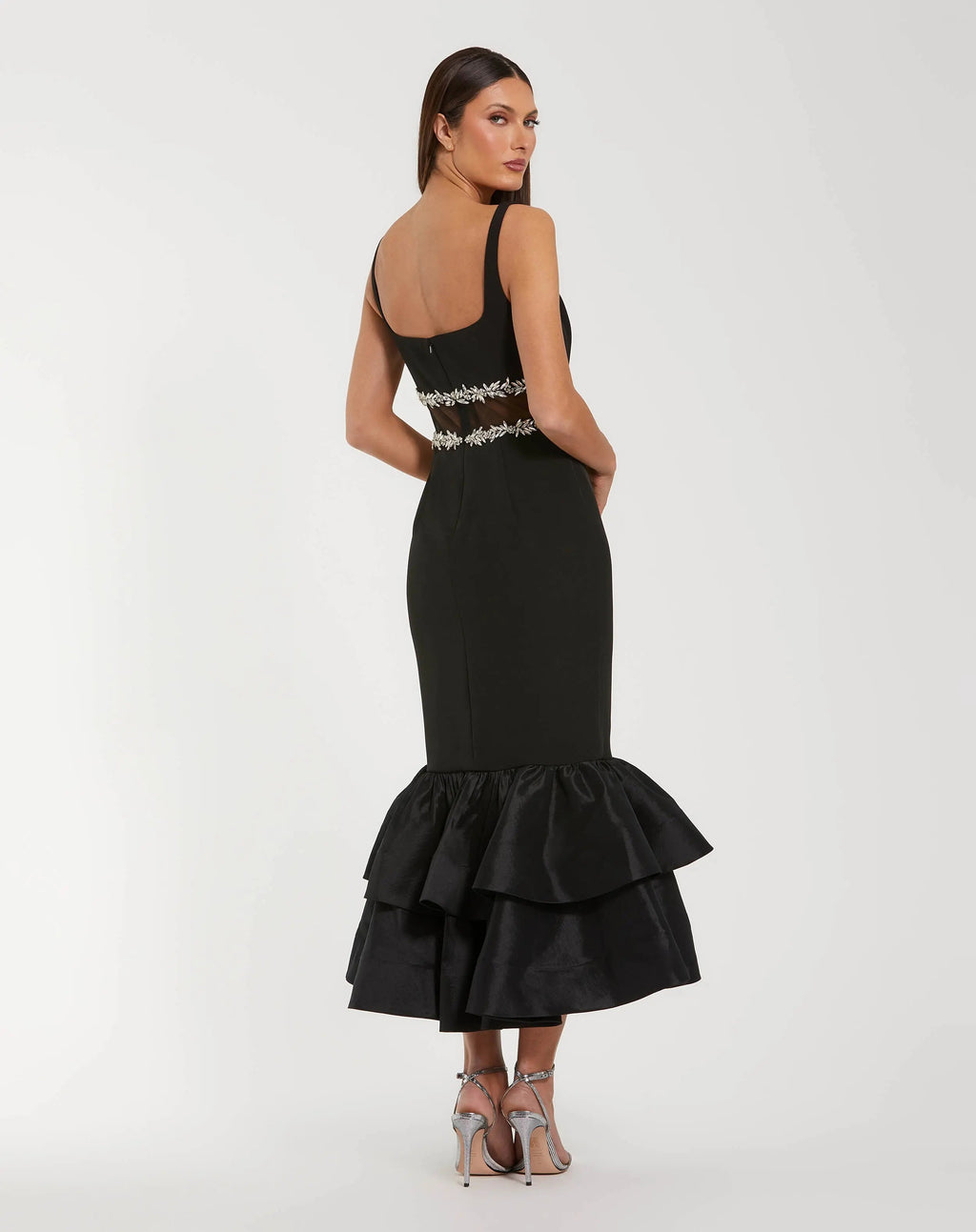 Black Crepe Ruffle Hem Midi Dress With Jewel Detail - Contemporary Collection