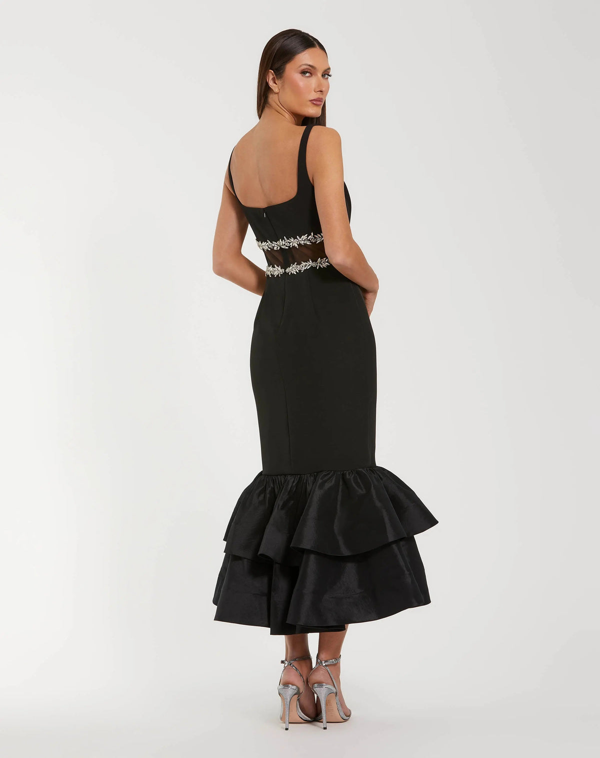 Black Crepe Ruffle Hem Midi Dress With Jewel Detail - Contemporary Collection