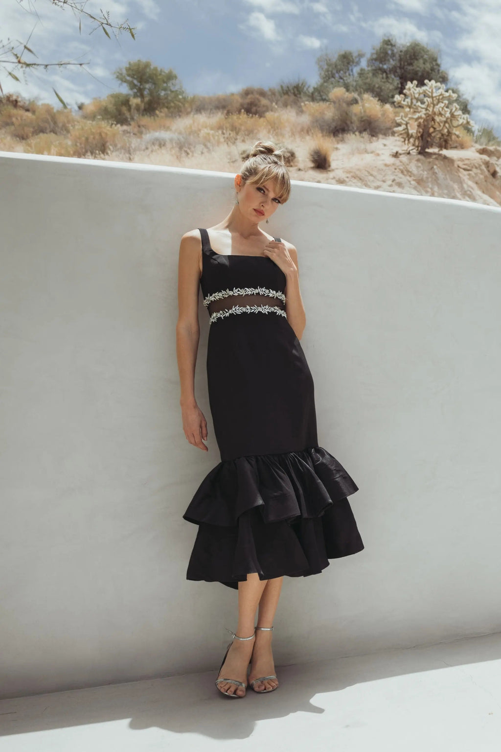 Black Crepe Ruffle Hem Midi Dress With Jewel Detail - Contemporary Collection