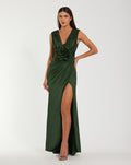 Green Charmeuse Plunge Neck Gown With 3D Flower - Contemporary Collection