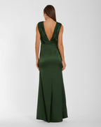 Green Charmeuse Plunge Neck Gown With 3D Flower - Contemporary Collection