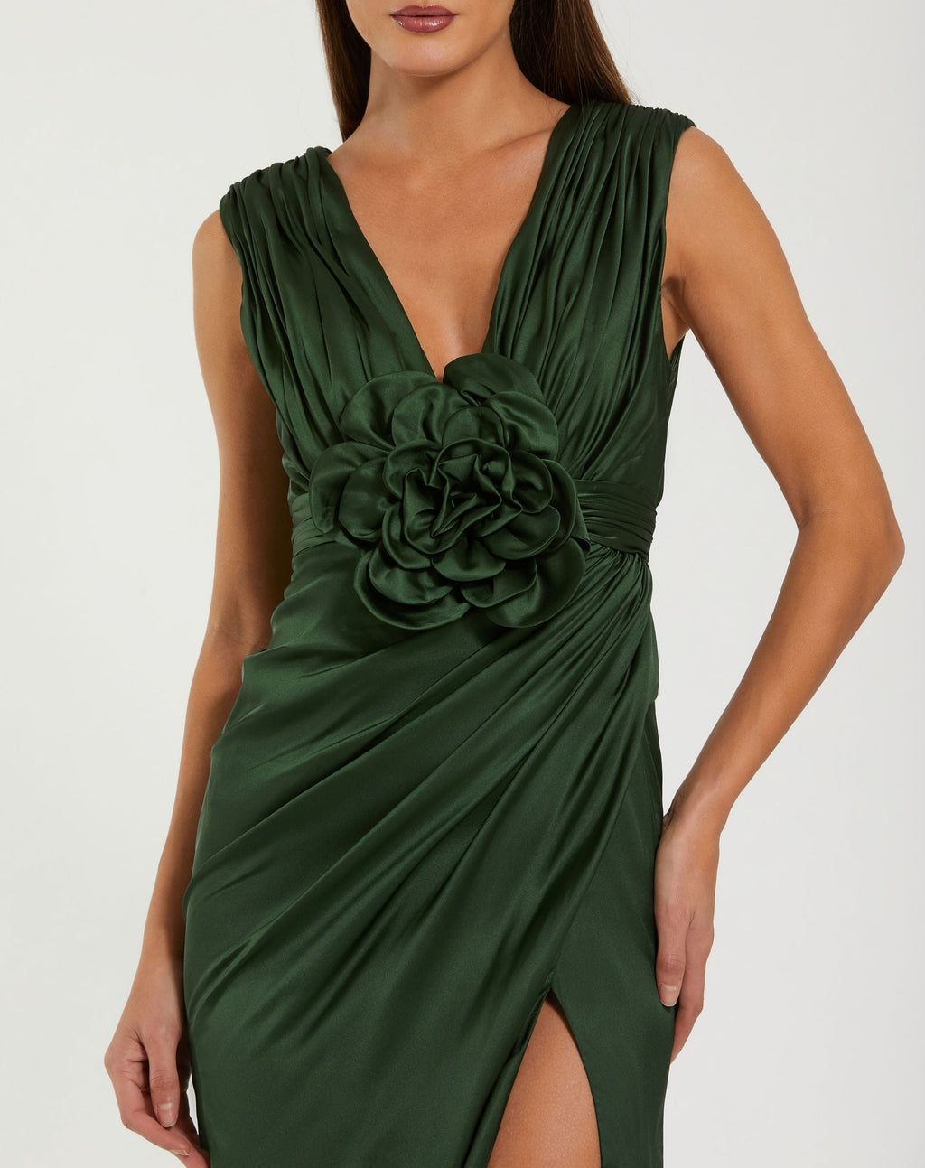 Green Charmeuse Plunge Neck Gown With 3D Flower - Contemporary Collection