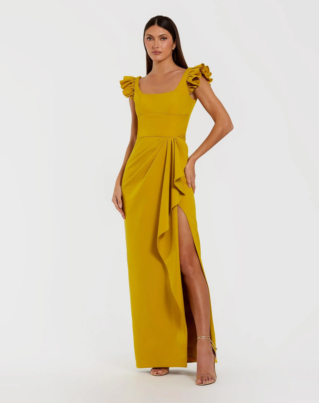 Yellow Square Neck Ruffle Slit Gown - Contemporary Collection