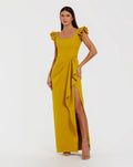 Yellow Square Neck Ruffle Slit Gown - Contemporary Collection