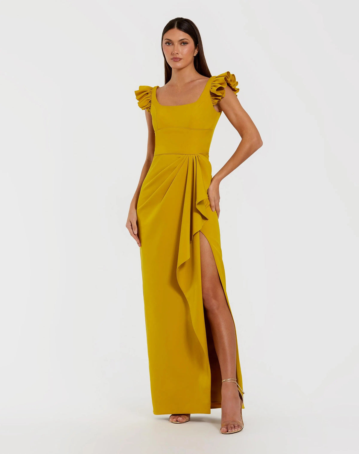 Yellow Square Neck Ruffle Slit Gown - Contemporary Collection