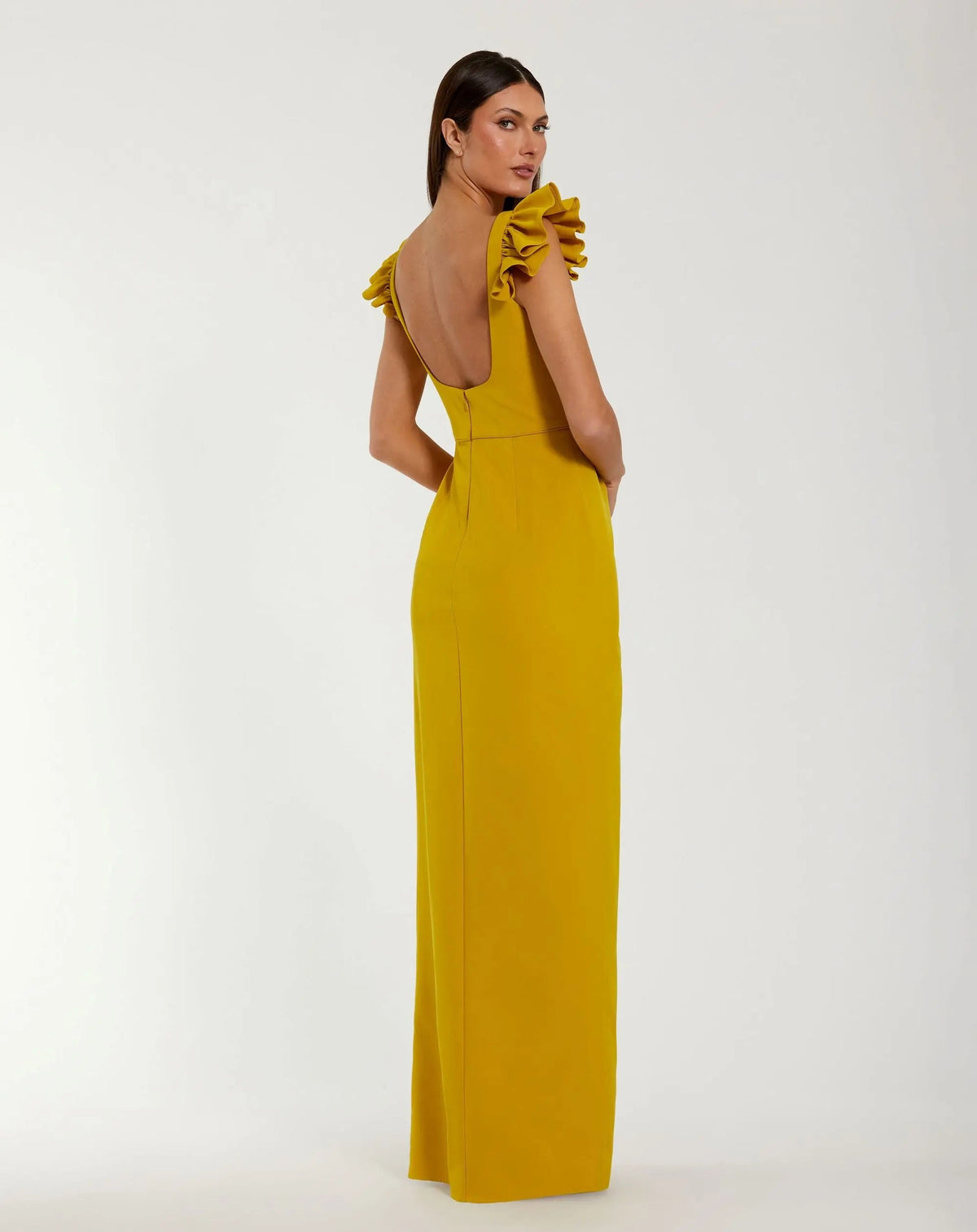 Yellow Square Neck Ruffle Slit Gown - Contemporary Collection