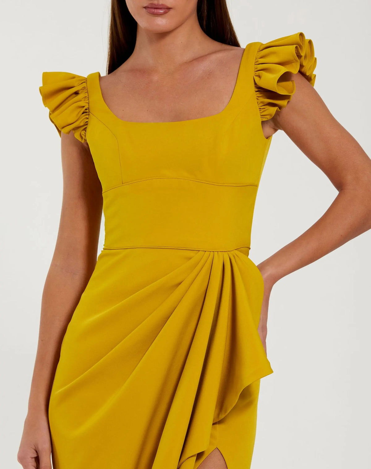 Yellow Square Neck Ruffle Slit Gown - Contemporary Collection