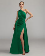 Emerald One Shoulder Satin Gown With Overskirt Designer Collection