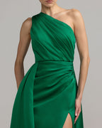 Emerald One Shoulder Satin Gown With Overskirt Designer Collection