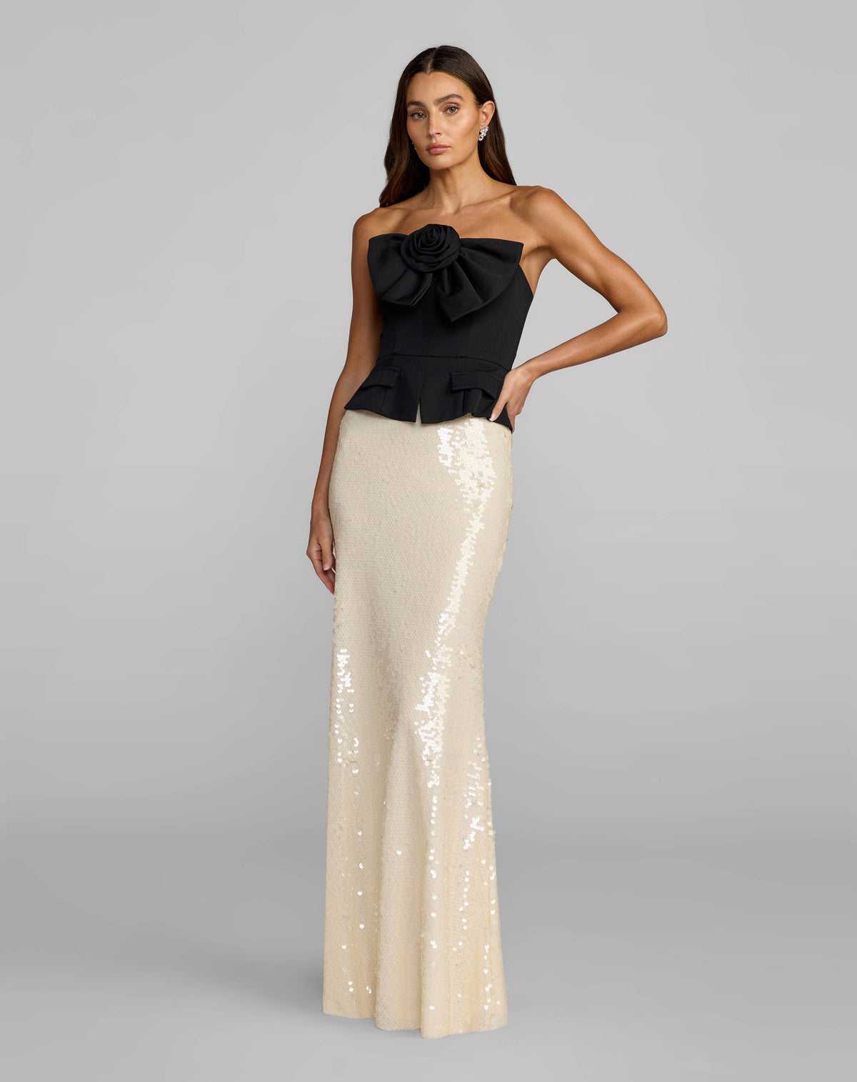 Black and White Strapless Rosette Crepe and Sequin Gown - Designer Collection