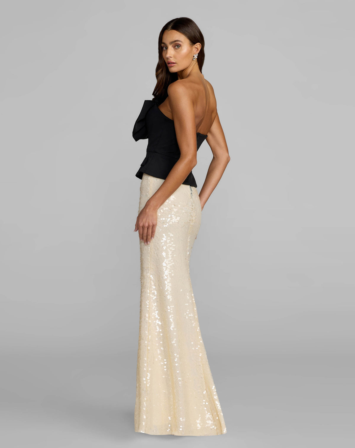 Black and White Strapless Rosette Crepe and Sequin Gown - Designer Collection
